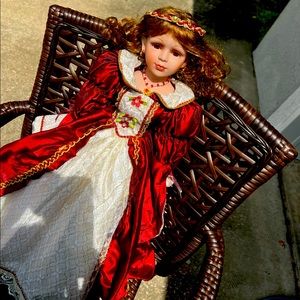 Vintage Collectable Victorian Porcelain Doll in Red/cream Color Dress